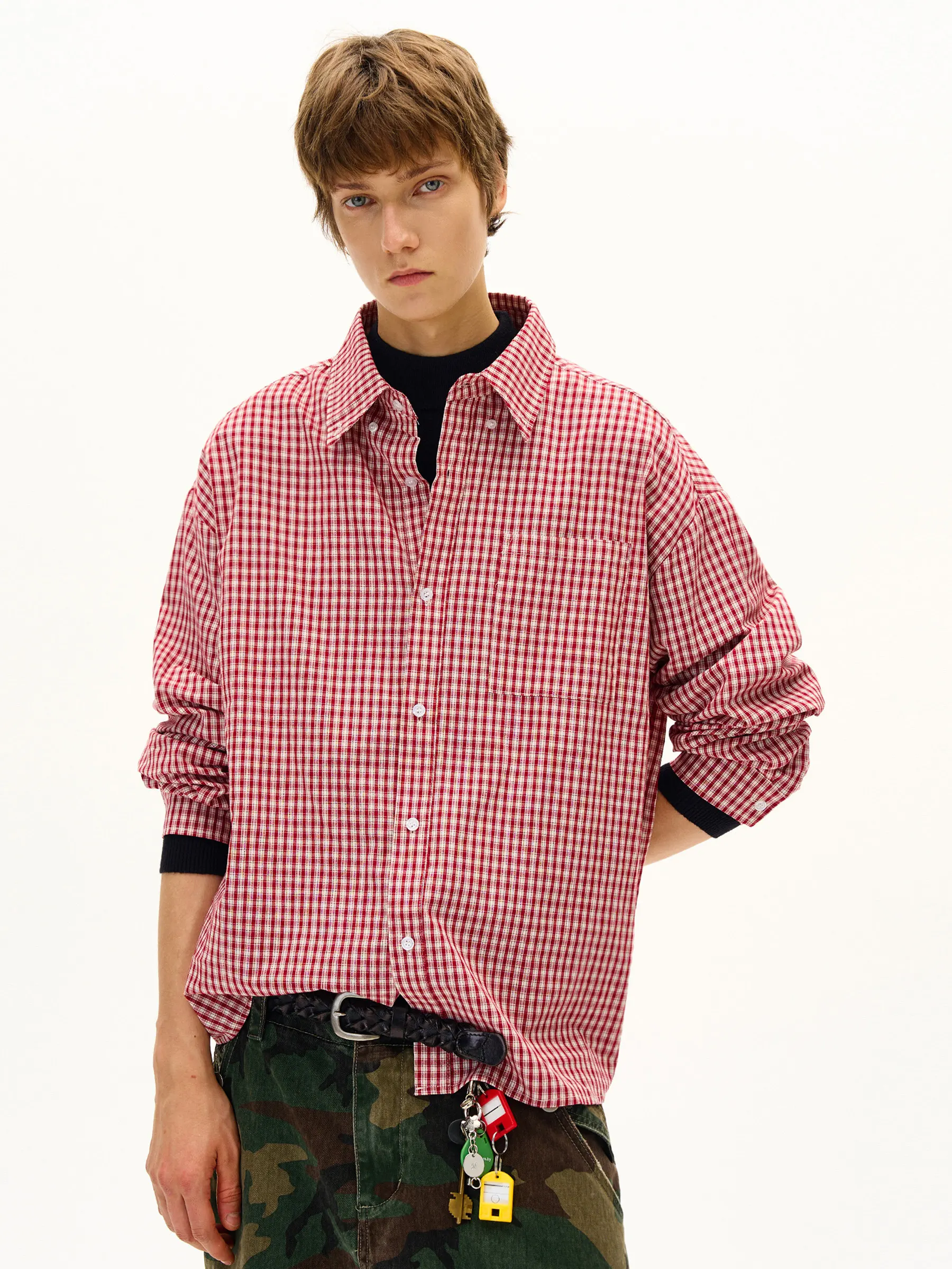 

Classic American Red And White Plaid Long Sve Casual irt for Men Loose Fit Versatile Couple's Plaid irt Spring Autumn ...