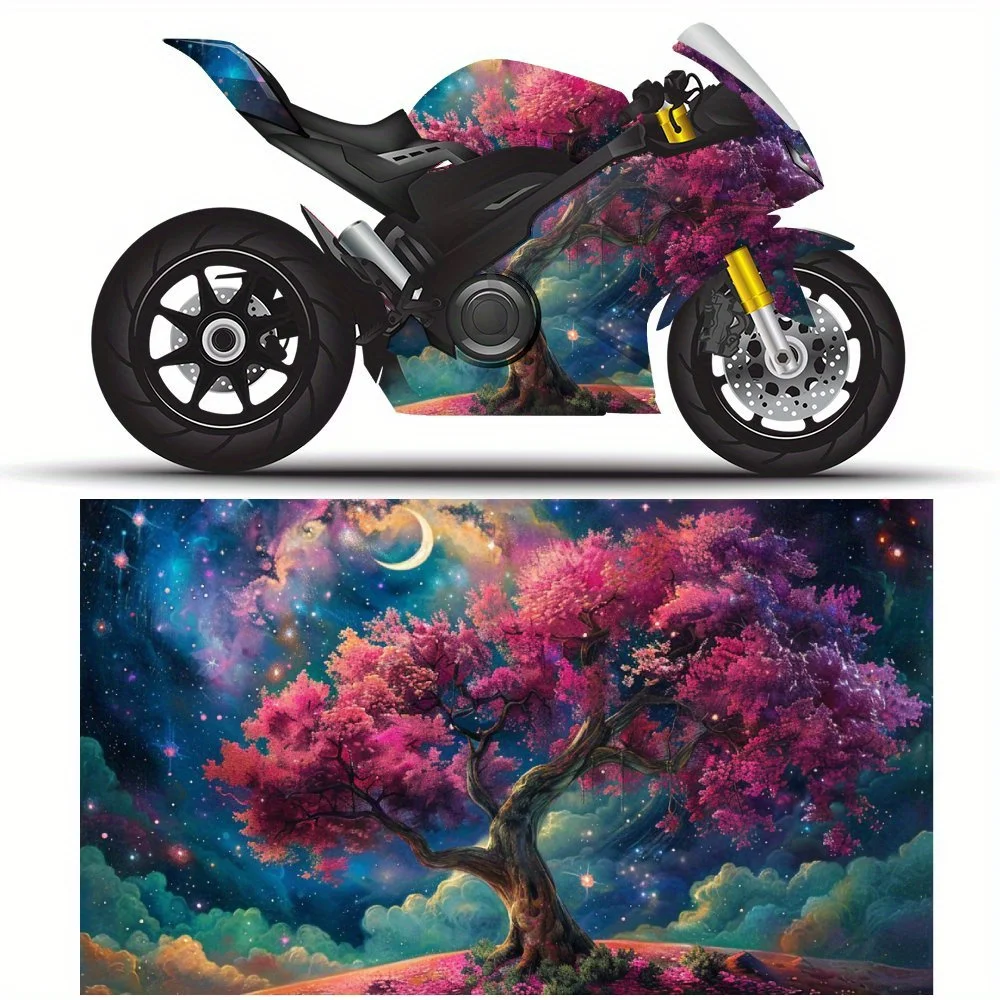 

Наклейки на мотоцикл Dreamy Starry Night Flowering Pink Tree, прочные автомобильные виниловые обертки, подходящие для большинства автомобилей, наклейки на кузов автомобиля