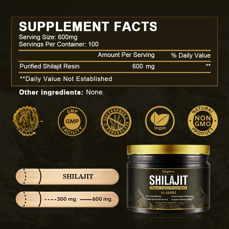 Оригинальная смола Shilajit с 85-световыми минералами и полной кислотой для фокусировки и энергии, иммунитета, восстановления мышц, повышение