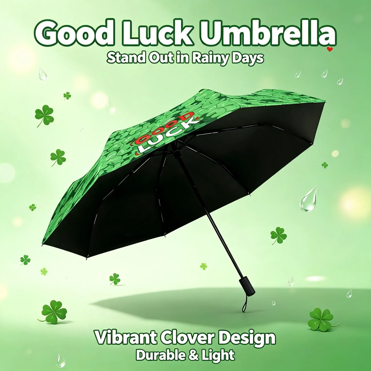 Good Luck Clover Printed Folding Umbrella Sun Rain Shield Compact Portable Parasol For Travel Dating Outdoor Daily Activities