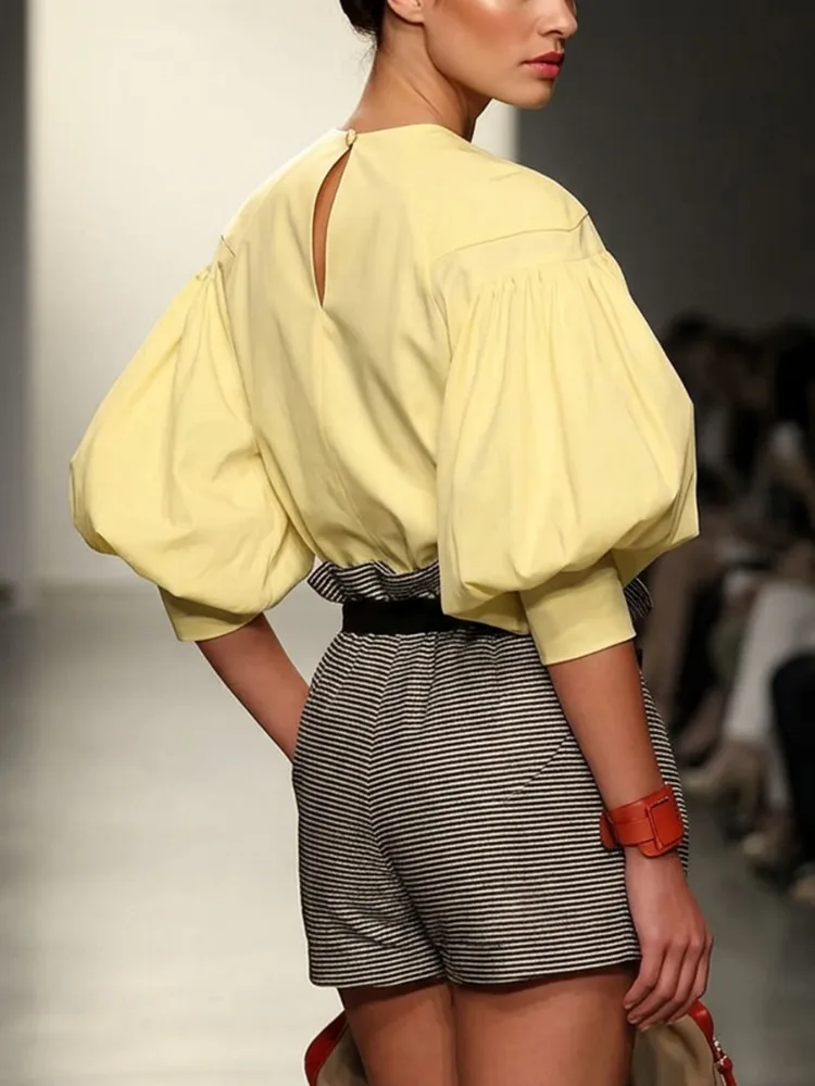 Yeezzi Women Round Neck Asymmetric Pearl Button Cutout Front Blouses Puff 3/4 Sleeve Loose Solid Yellow Casual Cotton Shirt Tops