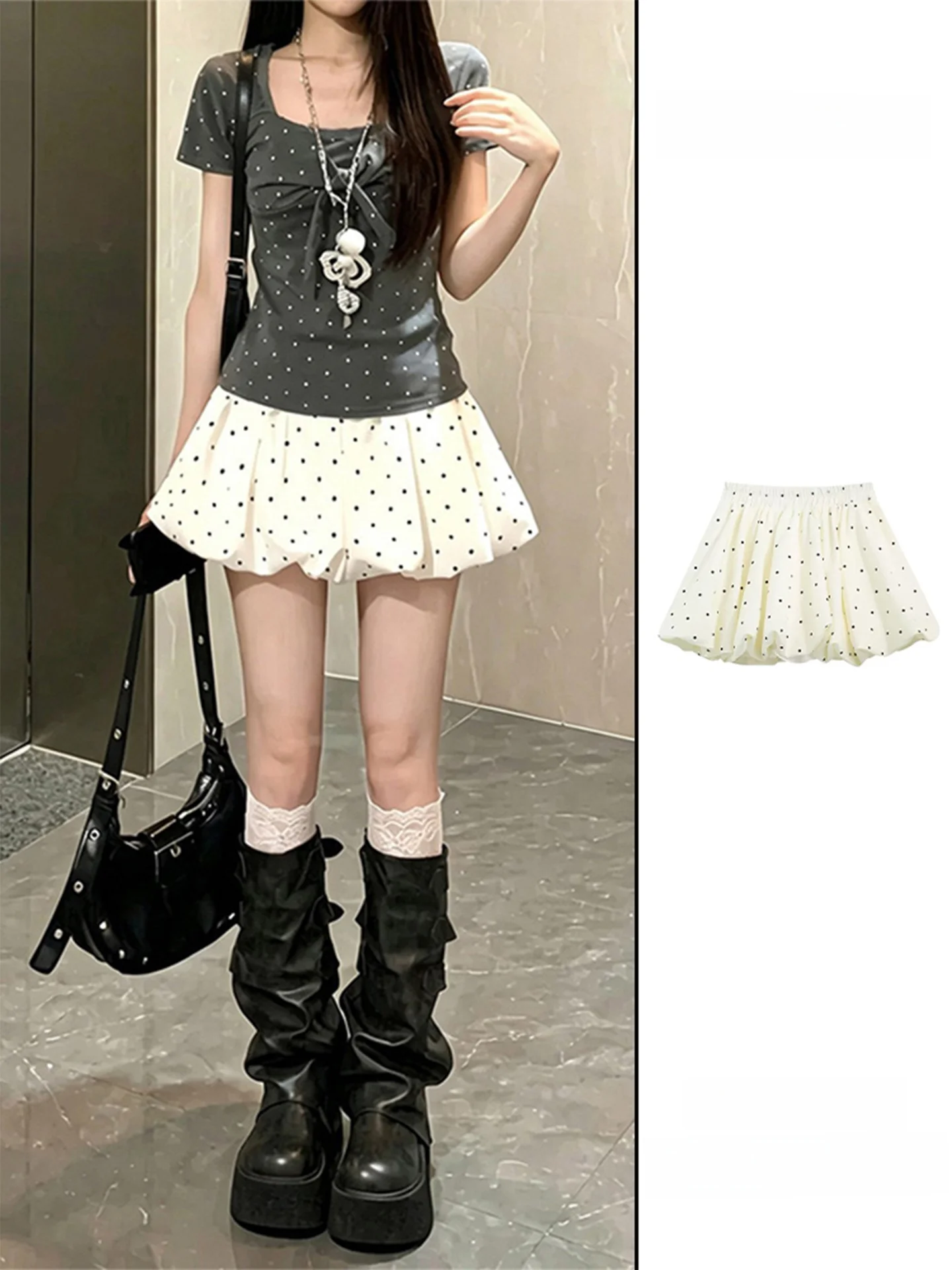 White Polka Dot Bloomer Skirt Women's  Summer Sweet Style Half-length Anti-exposure Puffy Short Skirt High Waist A-line
