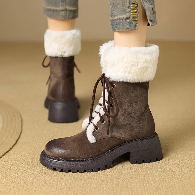 

Women's Faux Fur Lined Lace-Up Winter Snow Boots Nubuck Leather Upper with Fur Trim Chunky Lug Sole Platform Short Booties