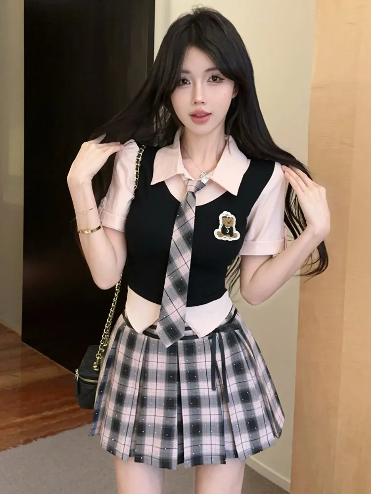 

Spicy School Uniform JK Outfit with Bow Tie High Waist Pleated Skirt Two Piece Set Women's Korean Style Commute Shirt