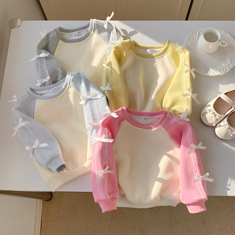 MILANCEL New Autumn Kids T-shirt 2-9T Bow Color Blocking Girls Sweatshirt Thin Loose Korean Children Long-sleeved Hoodie
