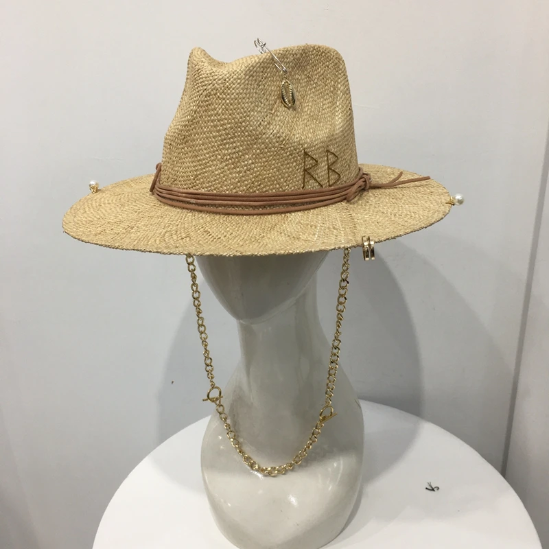 2022 summer raffia sunhat for women with chain and pin women\'s straw Panama Hat