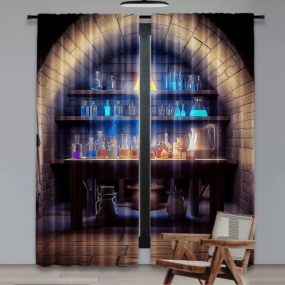 2Pcs Vintage Chemistry Lab Curtain Magic School Laboratory Potions Classroom Mad Scientist Lab Spooky Witch'S Room Halloween