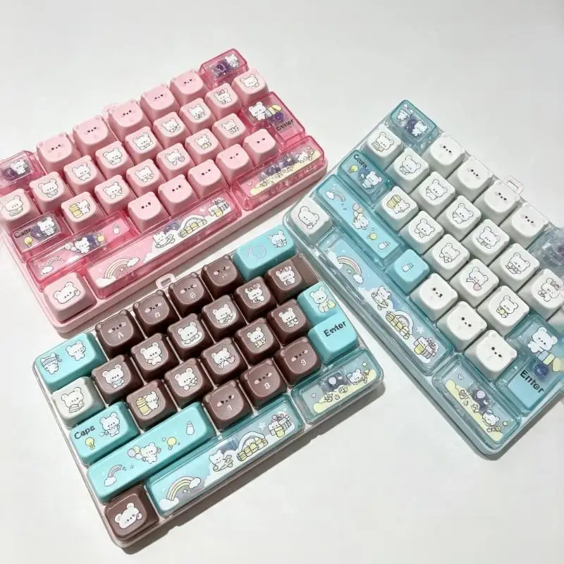 Cute Cartoon Bear Printed 26 Key Decompression Keyboard Clicker Toy Portable Keychain Pendant For Backpack Phone Car Key