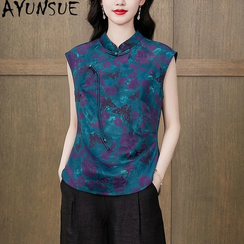 AYUNSUE 100% Mulberry Silk Tops for Woman Xiangyunsha Chinese Style Sleeveless Women Tops Printed Autumn Clothes 2026 Ropa Mujer