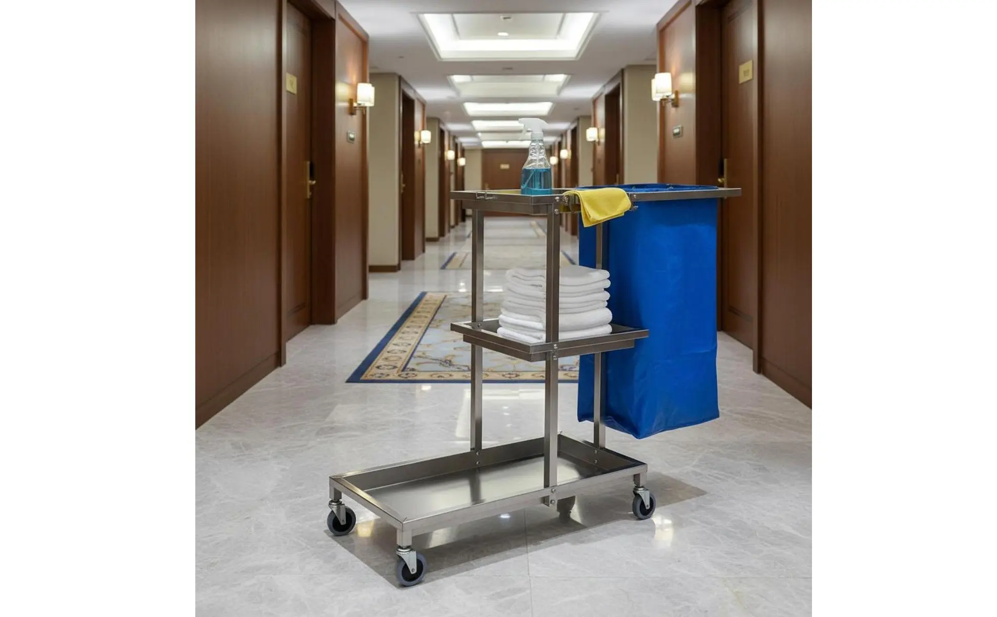 Hotel Linen Cart Sturdy Duty Stainless Steel Janitor Cart Business Cleaning Trolley with Bag Large Capacity for Housekeepers