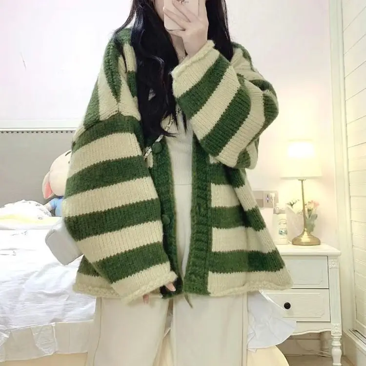 Cardigan women sweater 2026 Spring Autumn sweet striped V-neck knitted students loose slim top coat women's sweater clothing