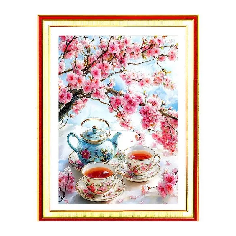 

9CT 11CT Afternoon Tea 14ct Printed Kit Cross Stitch Embroidery DIY Needlework Home Decor Crafts With Needles Threads 46 Colors