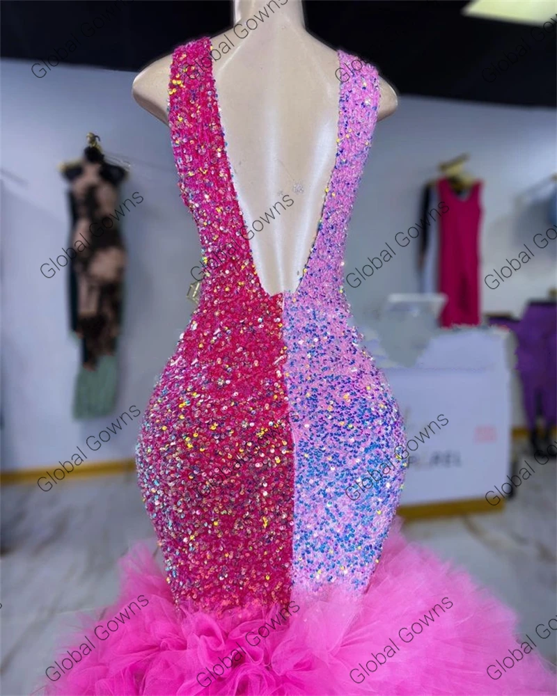 Pink Two Colors Sheer O Neck Long Prom Dress For Black Girls 2023 Beaded Crystal Ruffles Birthday Party Dresses Mermaid