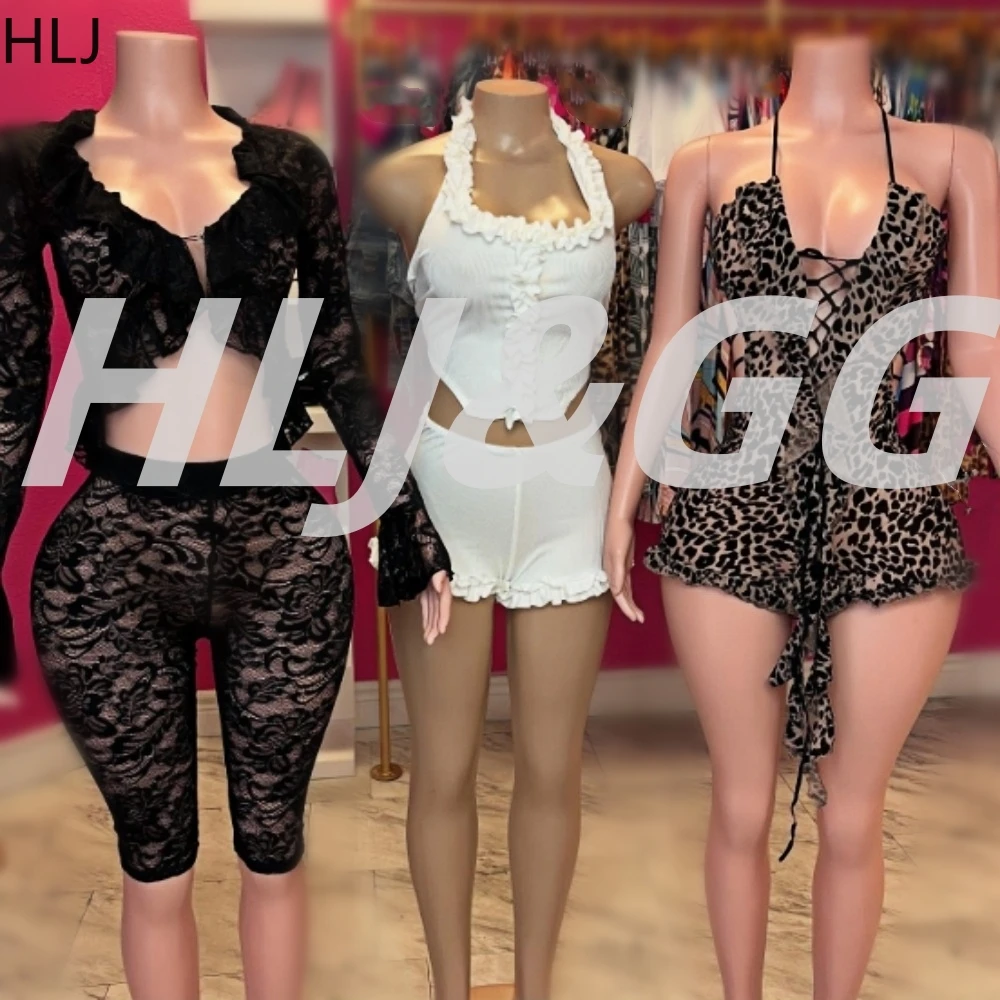 

HLJ Fashion Lace See Though Hollow Two Piece Sets Women V Neck Long Sleeve Slim Crop Top And Shorts Outfits Sexy 2pcs Clubwear