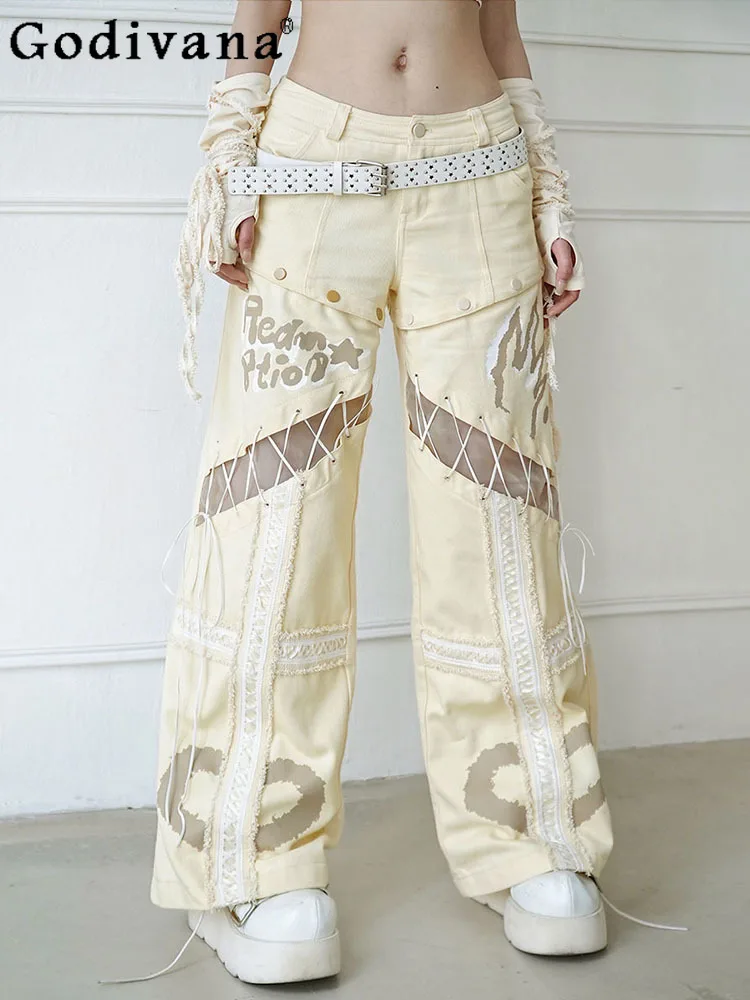 

Temperament Light Beige Hollow Lace-up Removable Versatile Jeans Summer Personalized Girl Loose Leisure Street Straight Trousers