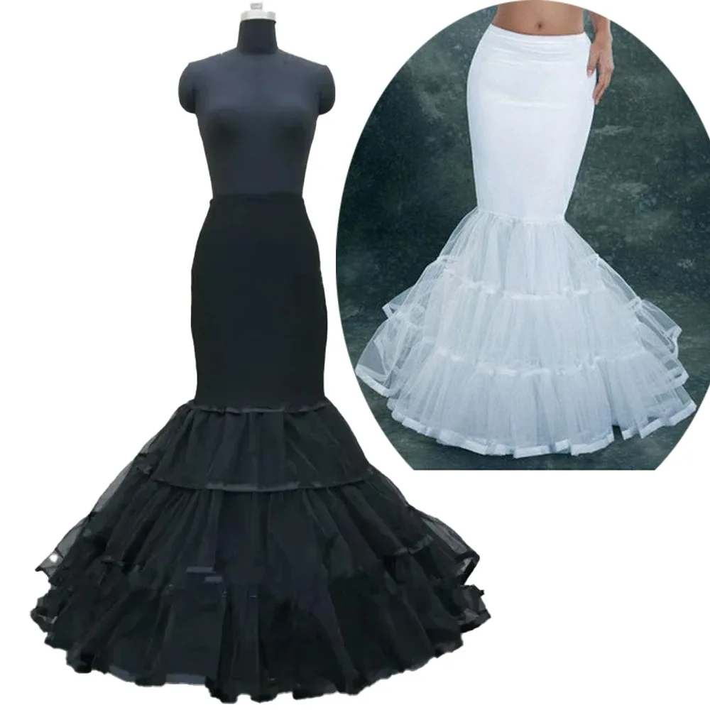 Mermaid Petticoat Black White 3 Tulle Underskirt Elastic Waist Crinoline Wedding Bridal Evening Party Gown Slip Skirt Support