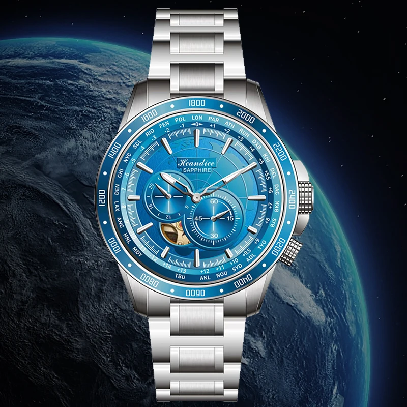 5Bar GMT Automatic Mechanical Wristwatch World Map Man 3D Relief Big Dial Auto Date Stainless Stee Clock Sapphire Luminous Watch