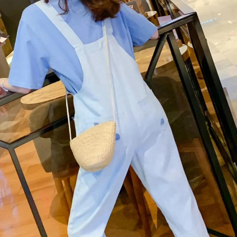 Jumpsuits Women Loose Solid Pockets Hole Ankle-length Denim Korean Style Casual All-match Trendy Kawaii Lovely Womens Daily Soft