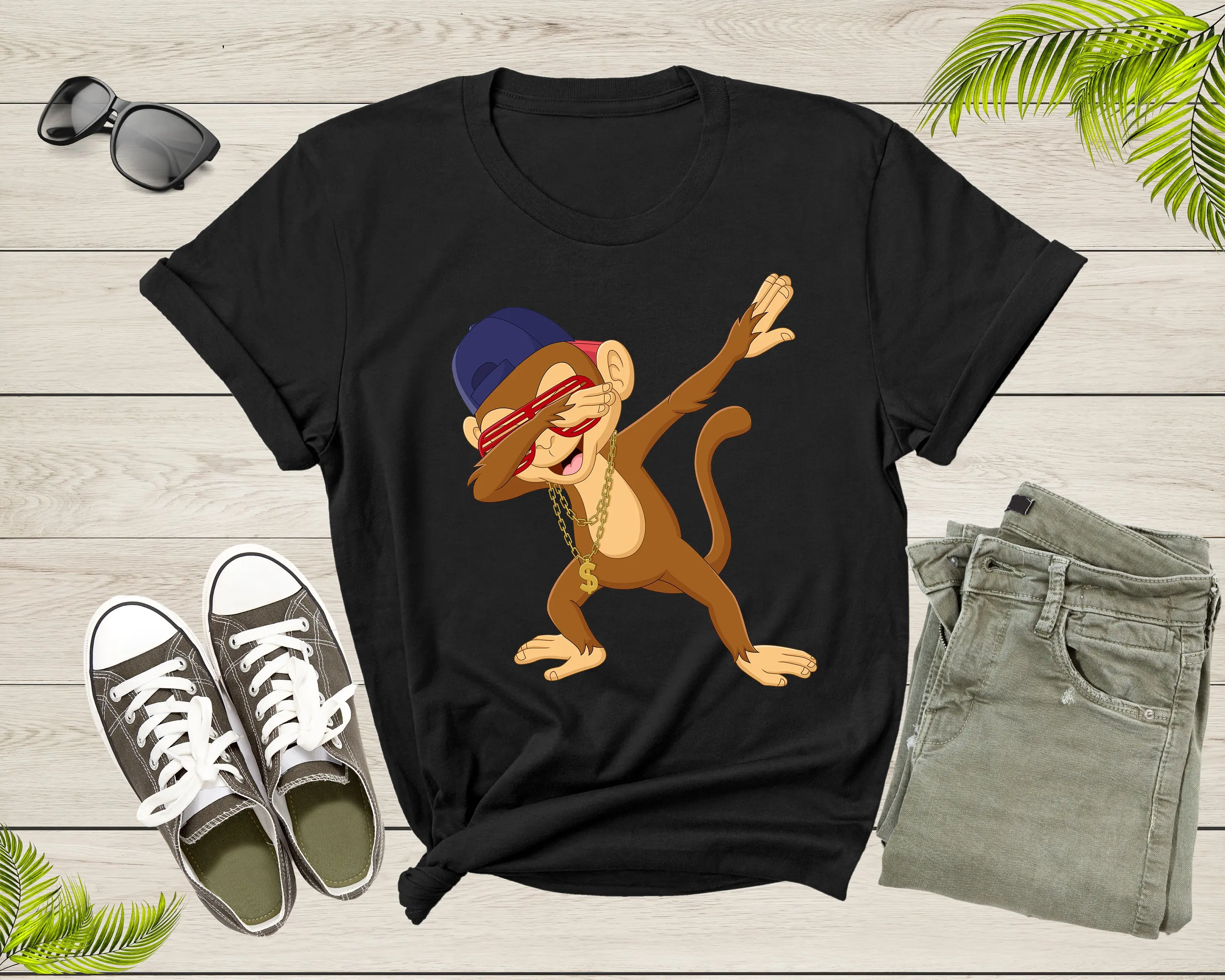 Cool Dabbing Dancing Monkey Wearing Sunglasses Hat Necklace T Shirt For Kids Boys Girls Shirtns