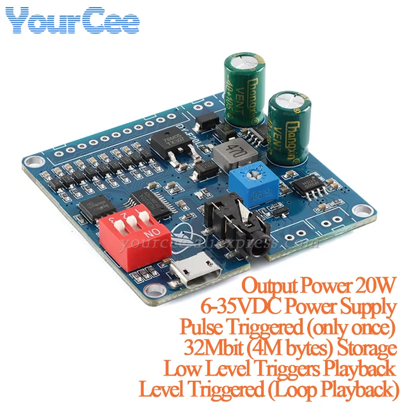 DY-F20L 10W 20W Power Voice Player Module 9 Way Switch Trigger Audio 32Mbit (4MByte) Storage MP3 WAV Decoding Format 12V 24V