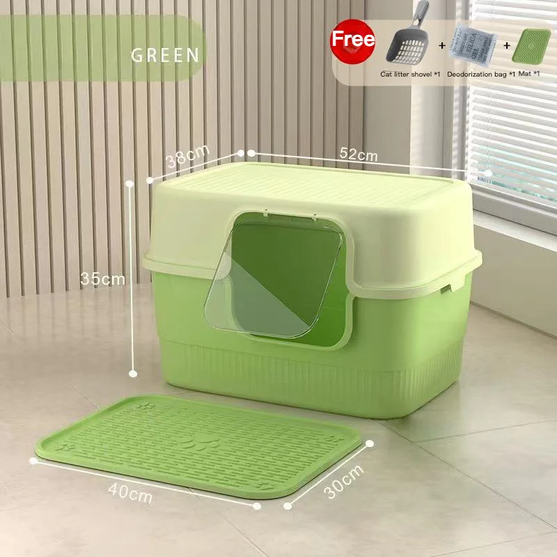 La grande caja de arena cerrada para gatos viene con cuchara, desodorante y estera para un fácil limpieza de inodoro para gatos cubierto