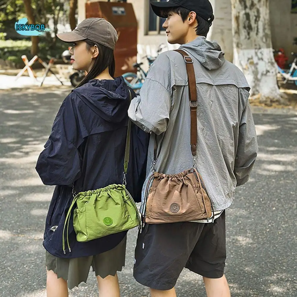 

Korean Style Drawstring Bucket Bag Purse Lightweight Nylon Shoulder Bag Handbag Solid Color Oxford Cloth Crossbody Bag Women