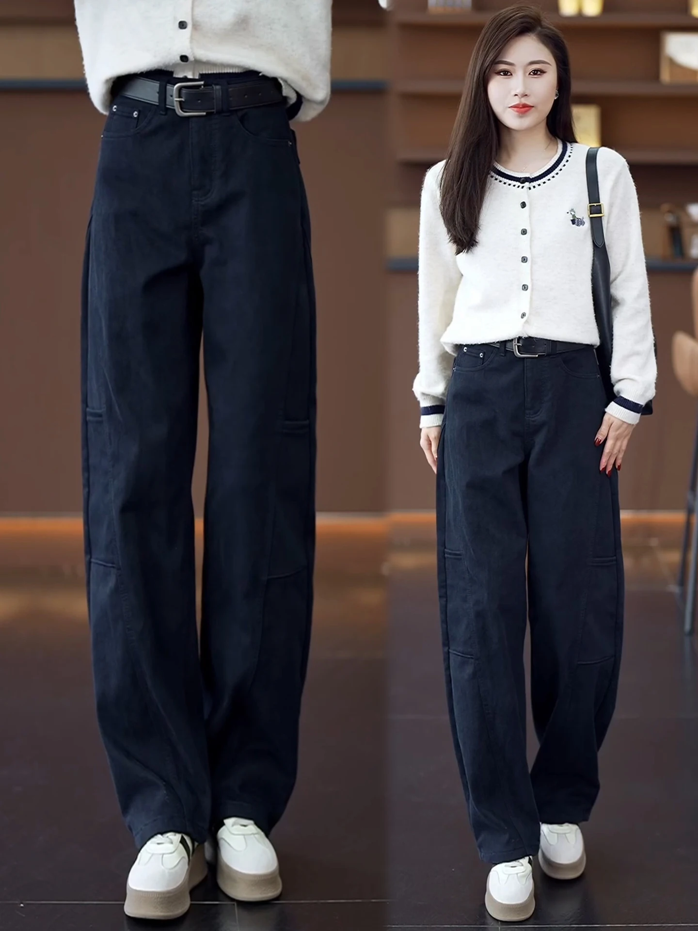 

High Waist Fleece Lined Workwear Jeans Women's Autumn Winter New Style Slimming Banana Pants Loose Casual Knife Pants
