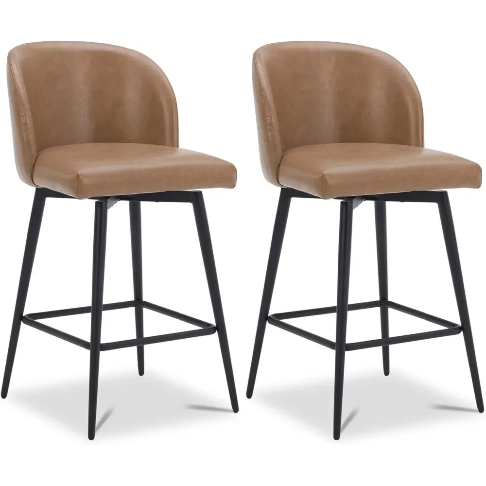 Counter Height Bar Stools Set of 2, 360° Swivel Upholstered Barstools with Backs and Metal Legs, 26