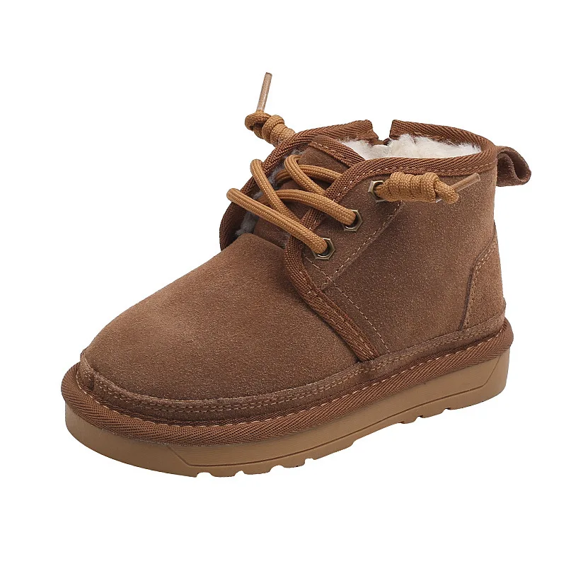 Botas de nieve para niños, botas de invierno cálidas de felpa gruesa de cuero genuino para niñas, zapatos informales antideslizantes de suela suave