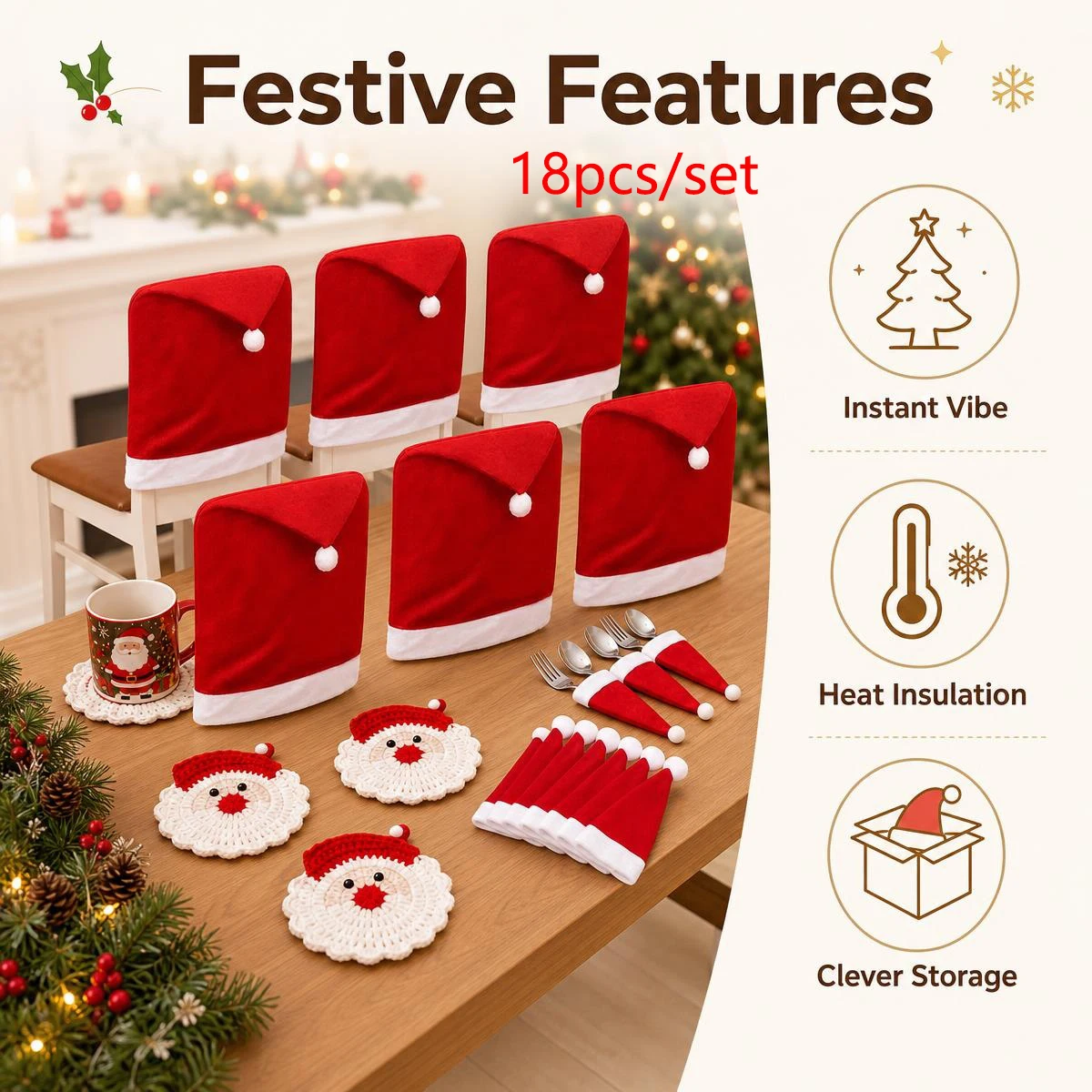 6 Sets (18 Pieces) of Christmas Chair Covers + Knife and Fork Holders + Santa Claus Coasters Set, Suitable for New Year Restaurant Decorations and Christmas Party Decorations, Includes 6 Chair Covers, 6 Knife and Fork Holders, and 6 Coasters