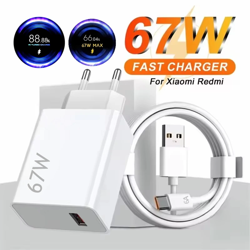 

67W 6A Max Ultra Fast Charger for Xiaomi 10 11 12 13 14 15 Redmi Note 11 12 13 14 POCO X4 X5 X6 Type-C USB Turbo Charging Cable