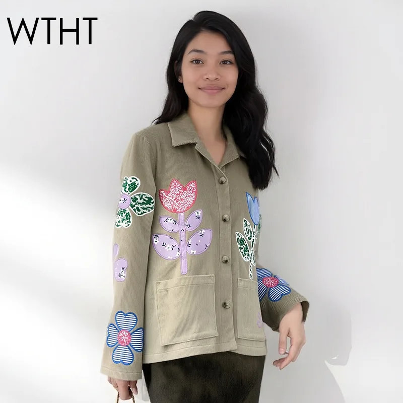 

WTHT 2026 Spring Fashion Women's Embroidery Sequins Flower Corduroy Jacket Trendy Lapel Long Sleeves Coat Female 1LS2828