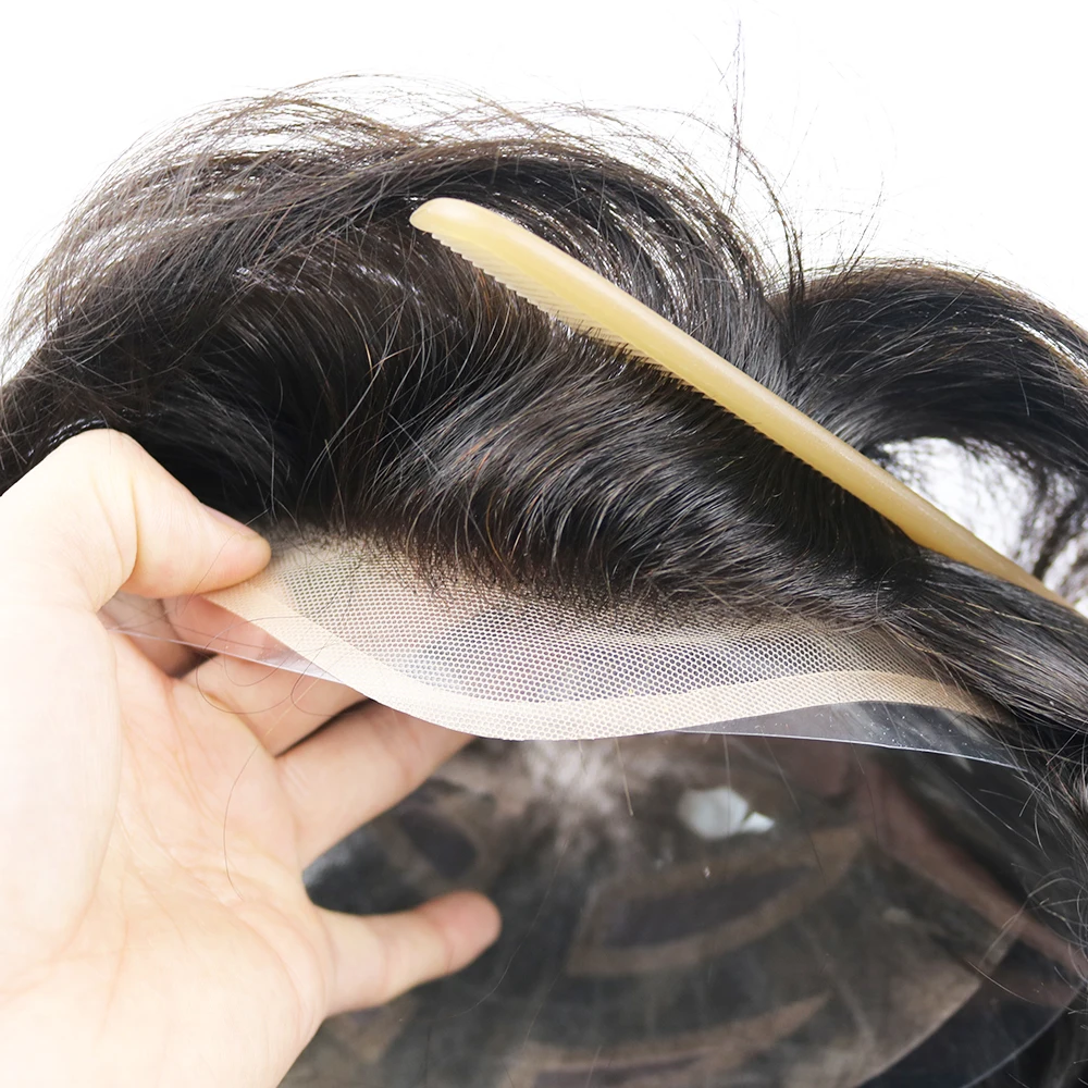 Tupé de encaje frontal para hombre, cabello humano duradero, transpirable, prótesis de fácil instalación, color gris y negro, #550, #1B65