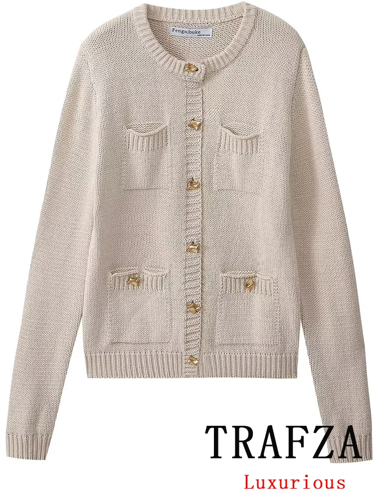 TRAFZA Vintage Casual Chic donna maglione solido o-collo manica lunga lavorato a maglia monopetto moda 2024 primavera estate maglioni