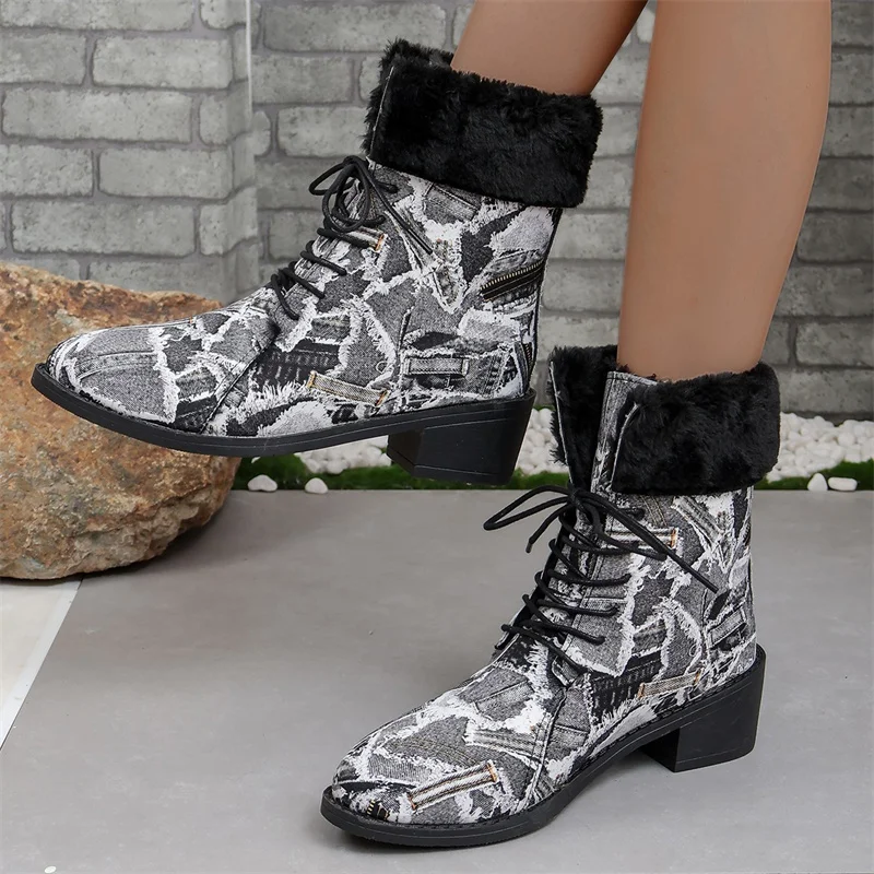 

Women's Vintage Fur Boots Winter Lace-up Hiking Walking Shoes Anti-slip Thick-soled Lightweight High Heels Boots