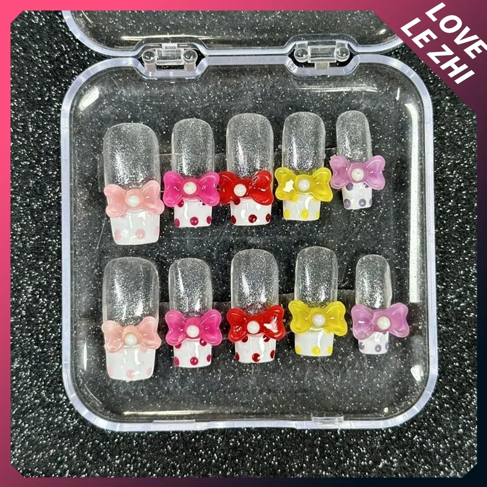 10Pcs Kawaii Cartoon Handmade Wearable Press On Nails 3D Flower French Almond Ballerina Quadrate Diamond Star Heart Fake Nails