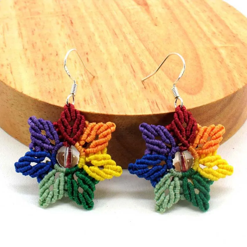 Handmade Thread Rope Wrapped Weave Colorful Woven Macrame Braided Earrings Natural Rock Crystal Round Beads Stone Women Earring