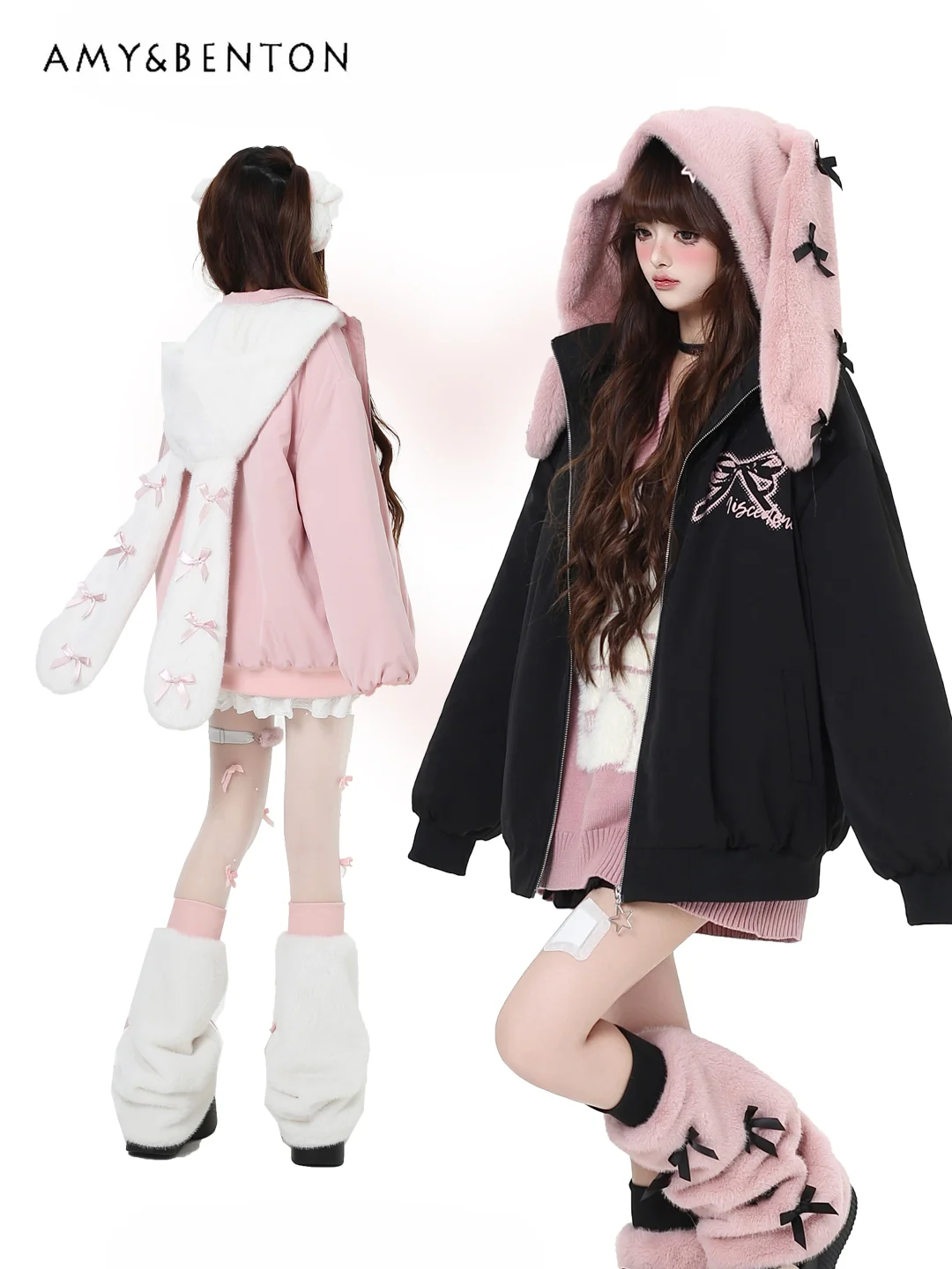 Winter New Kawaii Bow Rabbit Ear Hooded Jacket Original Sweet Girl Cute Printed Loose Warm Jacket Women Goth Oversized Coats