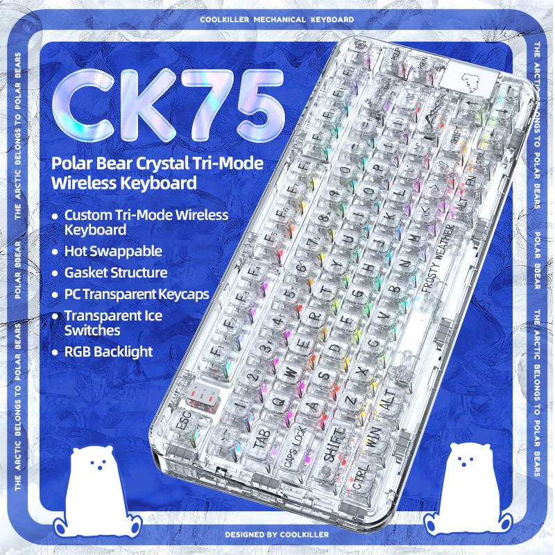 

CoolKiller CK75 Hot-Swap Bluetooth 2.4G Wireless RGB Polar Bear Full Transparent Gasket Gaming Mechanical Keyboard RGB