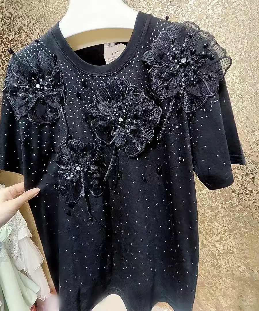 Luxury Beading Flowers Sequined Cotton T-shirt for Women New Trend 2025 Summer O Neck Short Sleeve Black Tops Tees T Shirt Femme