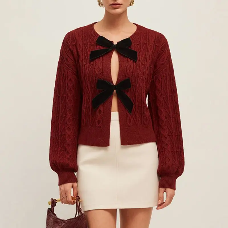 

Combhasaki женский рождественский бархатный вязаный кардиган с бантом спереди, модный трикотажный свитер с круглым вырезом и длинными рукавами, пальто