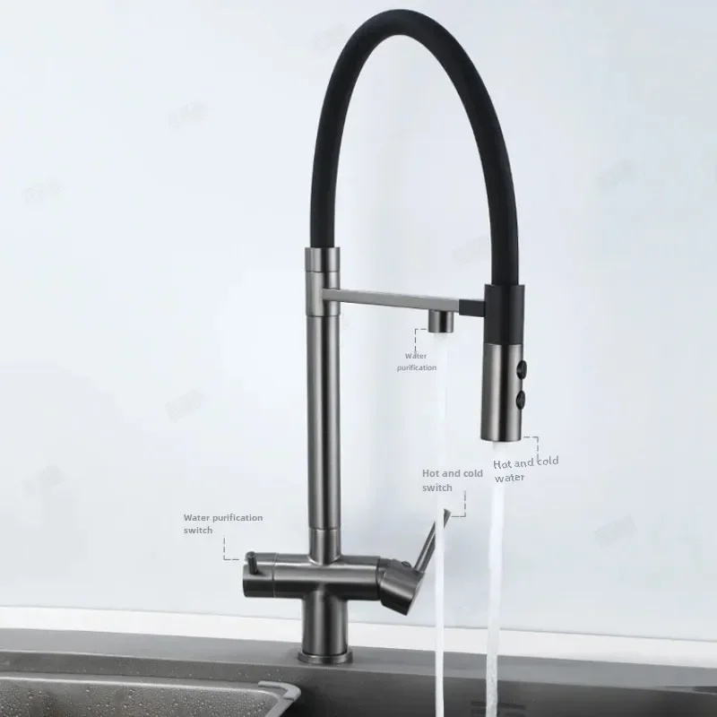3-Way Purification Mixer Brass Swivel Tap Gray Kitchen Faucet with Flexible Pull-Down Sprayer for Pure Water