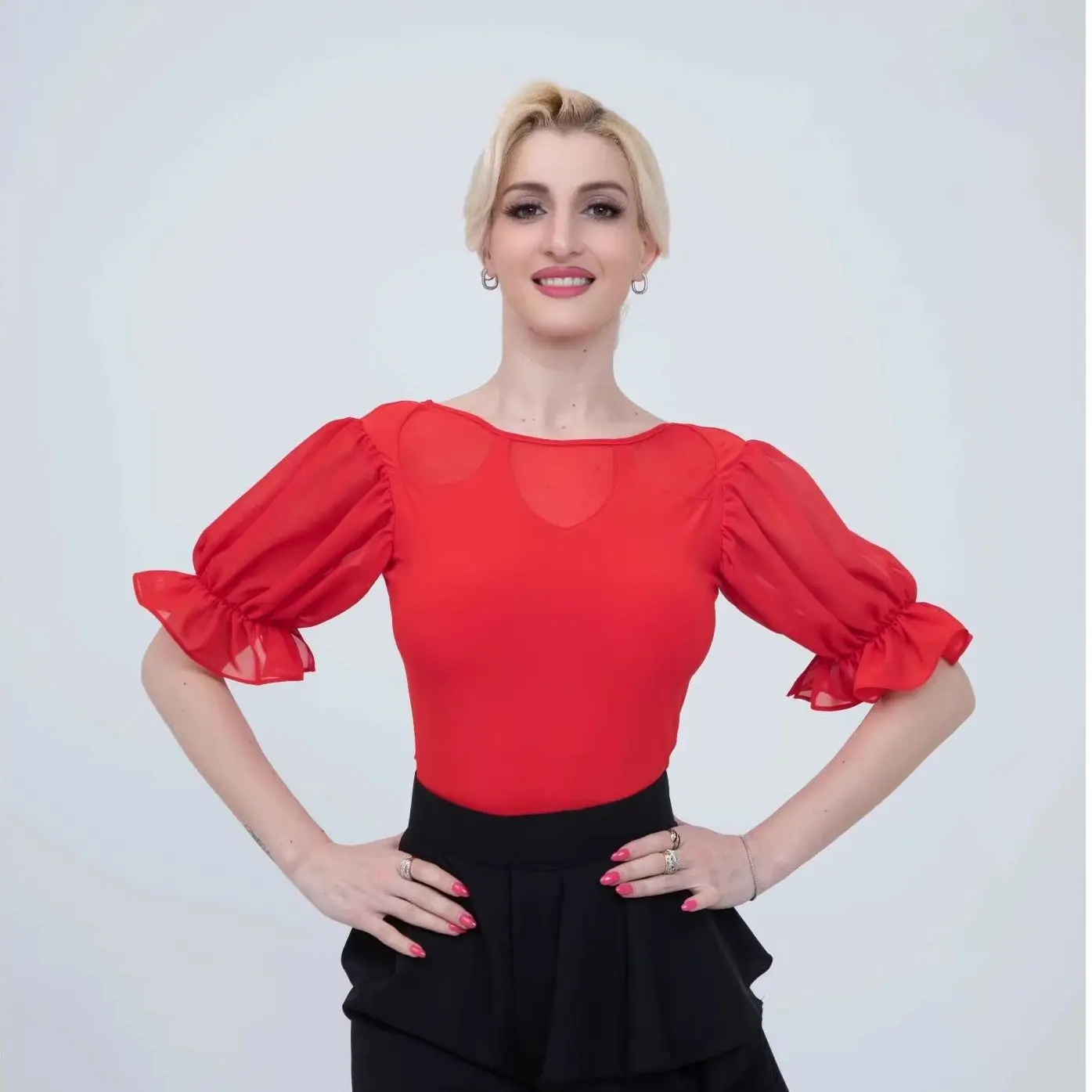 Top de manga curta de malha para dança de valsa, trajes de dança latina modernos, rumba, tango, roupas de dança de salão, roupa de prática dn21966