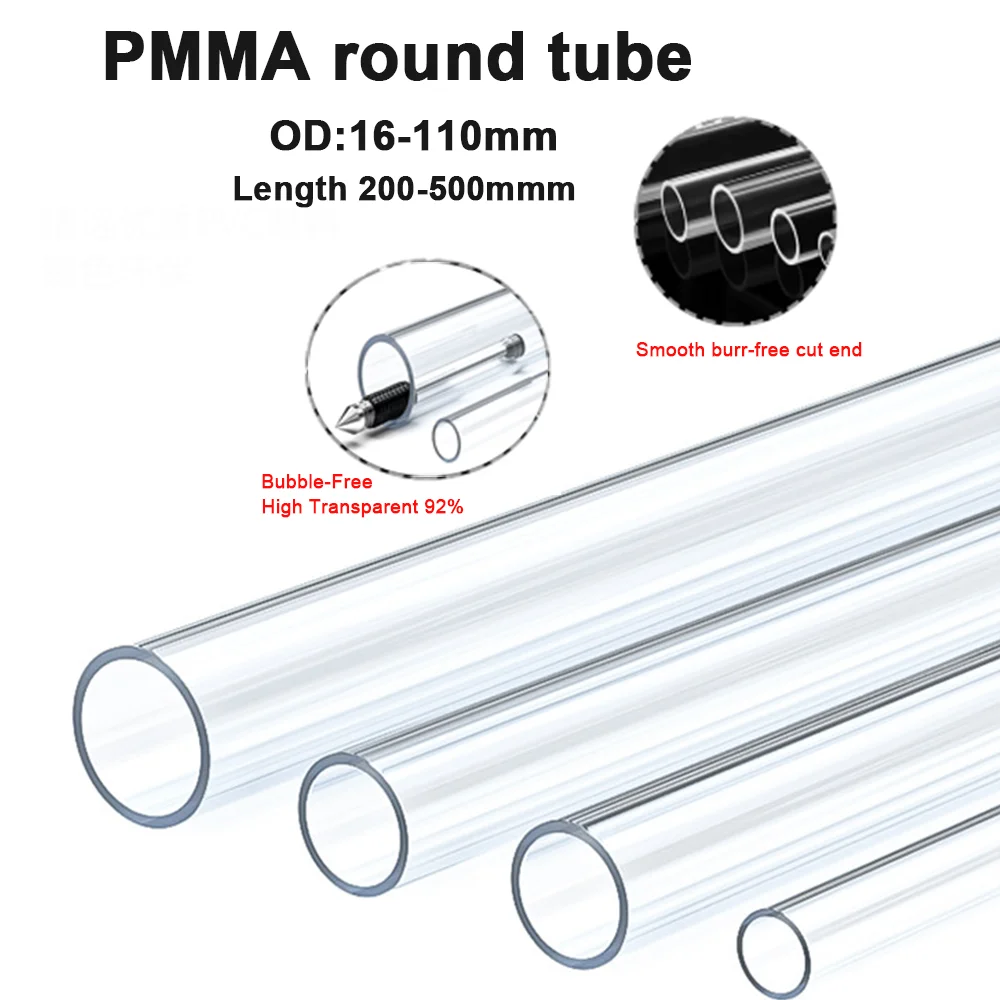 1Pc Clear PMMA Tube Plexiglass Pipe OD 16-110mm 200/320/500mm Length for Aquarium Fish Tank DIY Craft Lamp Shade Hydroponics
