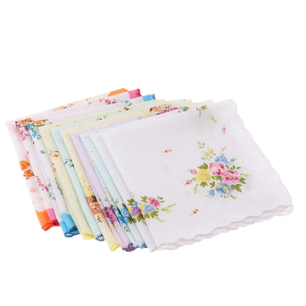 

10x Women Cotton Printed Handkerchief Hanky Kerchiefs Pocket Square Blossom Design with Wavy Edge Women Handkerchiefs