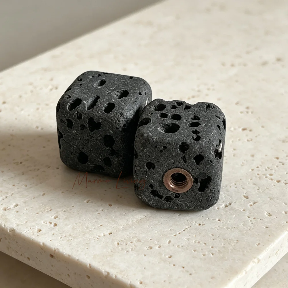 French Wabi Sabi Black Travertine Knob Drawer Cabinet Natural Marble Cubic Handle Luxury Villa Creative Decoration Pull