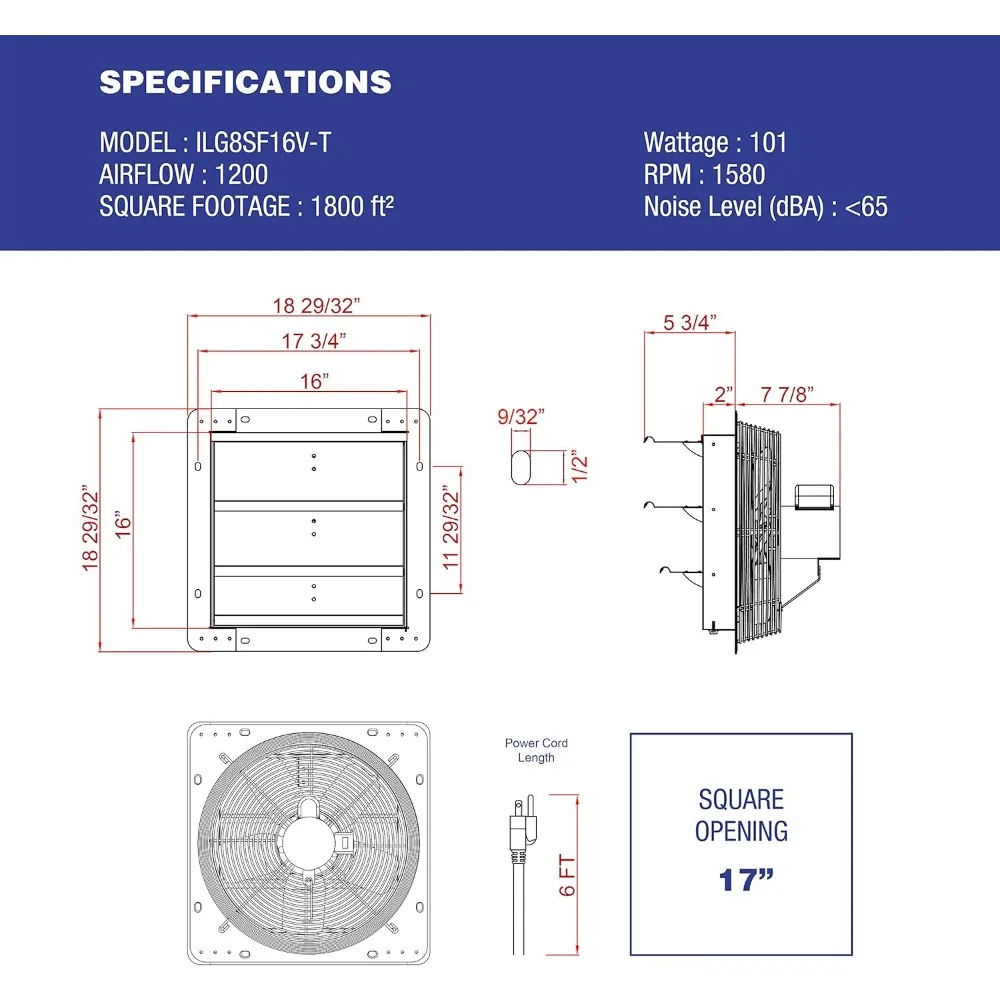 Variable Speed Wall-Mount Silver Exhaust Fan, 16-Inch, Shutter Design, Ideal for Ventilation and Air Circulation