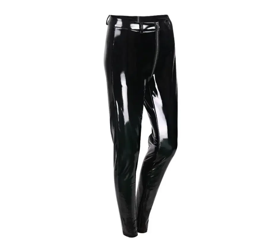 S-5XL Black PU Leather Skinny Trousers Women Slim Zipper Open Crotch Pants Latex Leggings Nightclub Pencil Pant Push Up Hip