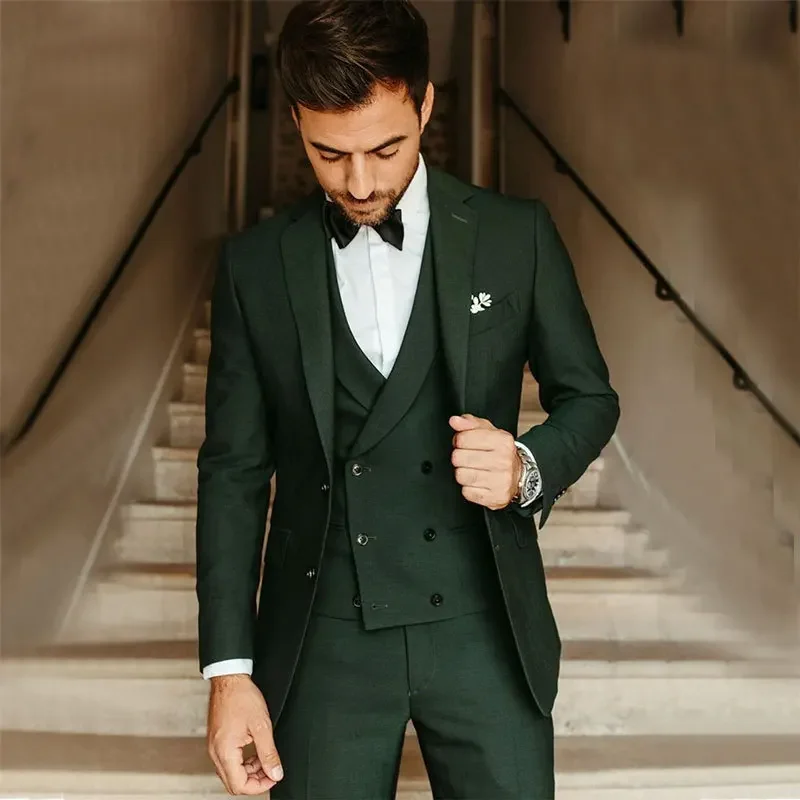 Army Green Groom Tuxedo Male Suit Party Suit Slim Fit Business Casual Jacket Sets 3 Piece Coustime Homme Luxe(Blazer+Vest+Pants)