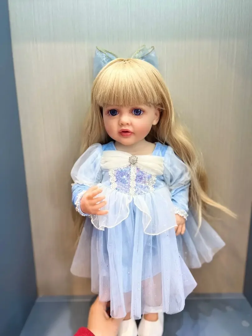 Full Body Silicone Soft Touch Baby Doll, Princesse Reborn Toddler, Cheveux blonds longs, Robe bleue, Réaliste, Réel, Betty, 55cm